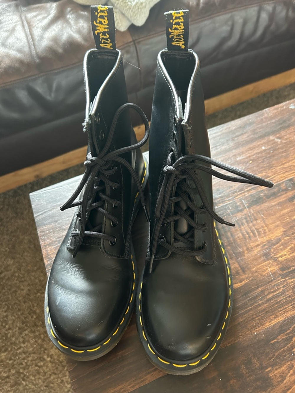 Dr. Martens Black Combat Boots with Yellow Stitching